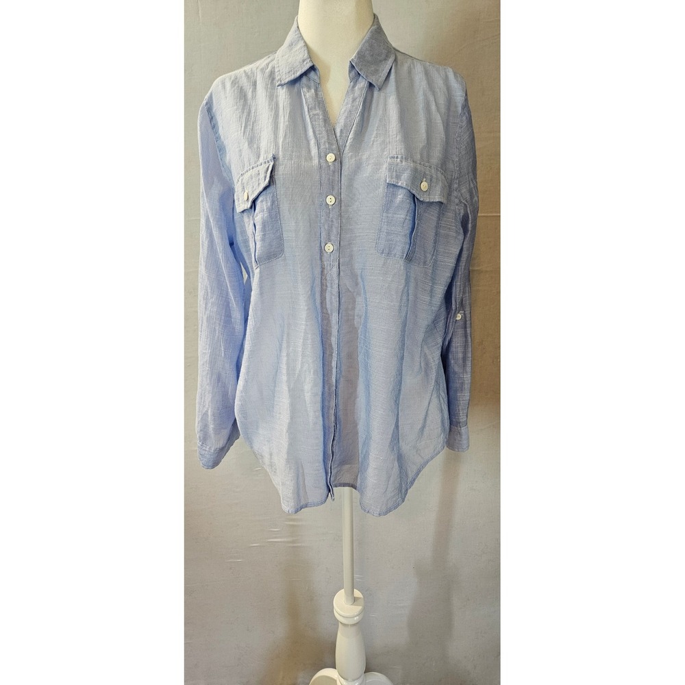 Chicos Light Blue Striped Roll Tab Sleeve Button Down Shirt Size 3 XL